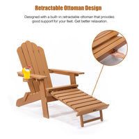 Oversized Folding Adirondack Chair with Pullout Ottoman & Cup Holder, Poly Lumber for Patio, Deck, Garden, Backyard - Easy to Install, Brown