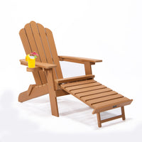 Oversized Folding Adirondack Chair with Pullout Ottoman & Cup Holder, Poly Lumber for Patio, Deck, Garden, Backyard - Easy to Install, Brown