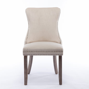 Upholstered Wing-Back Dining Chair Set of 2 with Nailhead Trim, Solid Wood Legs, Beige, Backstitching Detail, KD Design