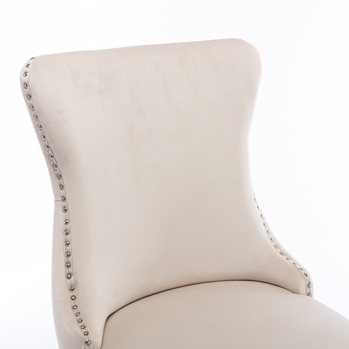 Upholstered Wing-Back Dining Chair Set of 2 with Nailhead Trim, Solid Wood Legs, Beige, Backstitching Detail, KD Design