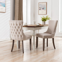 Upholstered Wing-Back Dining Chair Set of 2 with Nailhead Trim, Solid Wood Legs, Beige, Backstitching Detail, KD Design