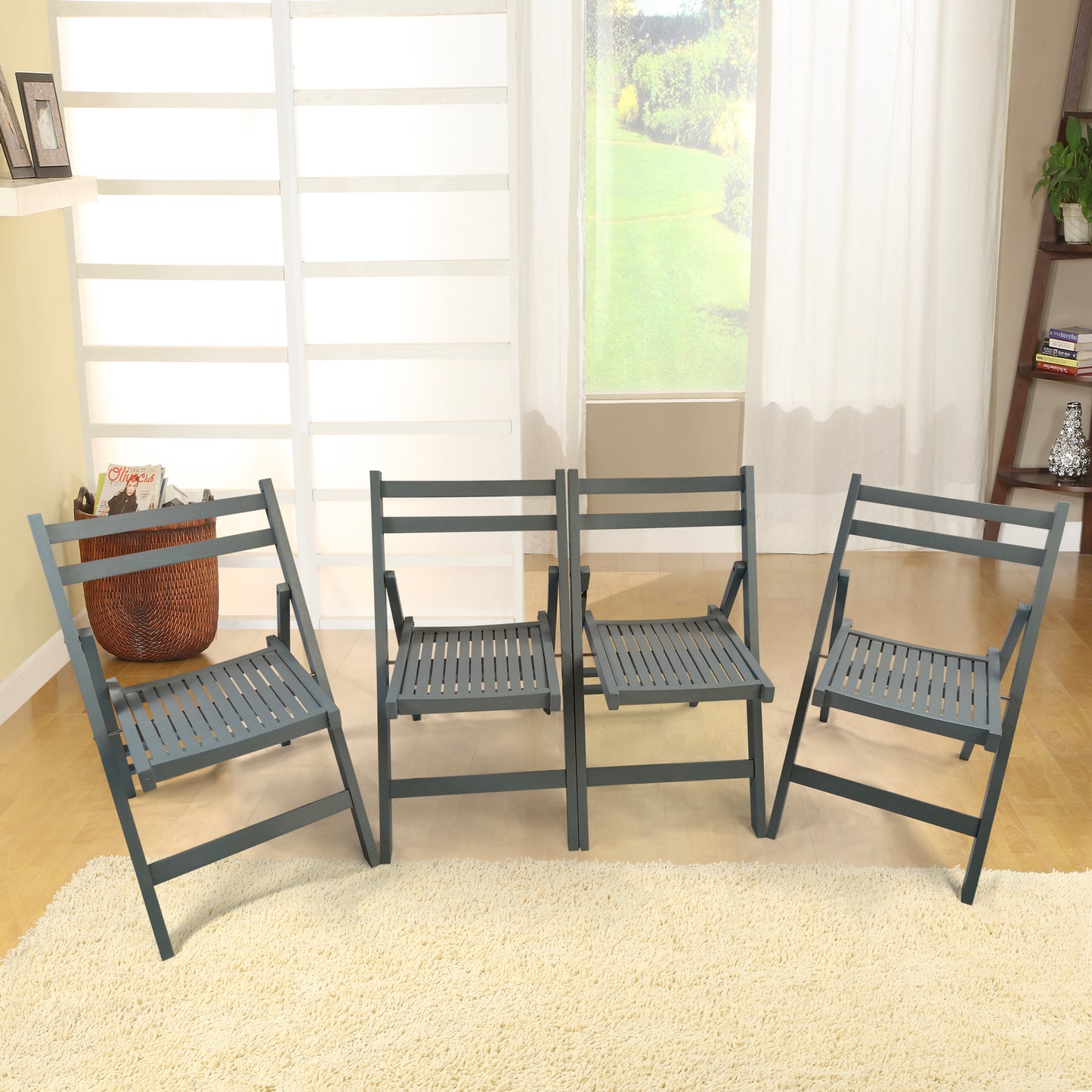 Set of 4 Slatted Wood Folding Chairs - Gray Portable Seating for Special Events, Picnics, or Outdoor Use