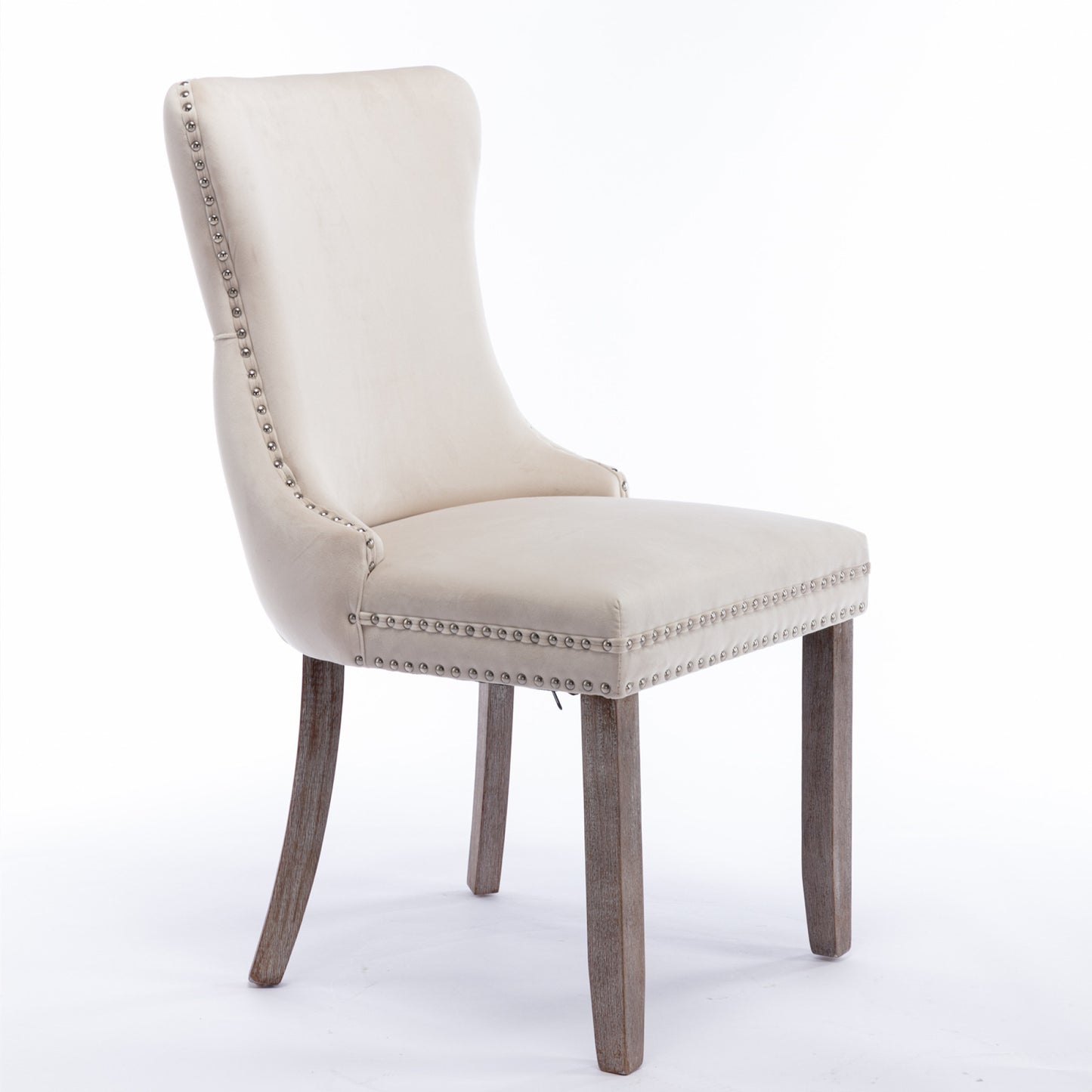 Upholstered Wing-Back Dining Chair Set of 2 with Nailhead Trim, Solid Wood Legs, Beige, Backstitching Detail, KD Design