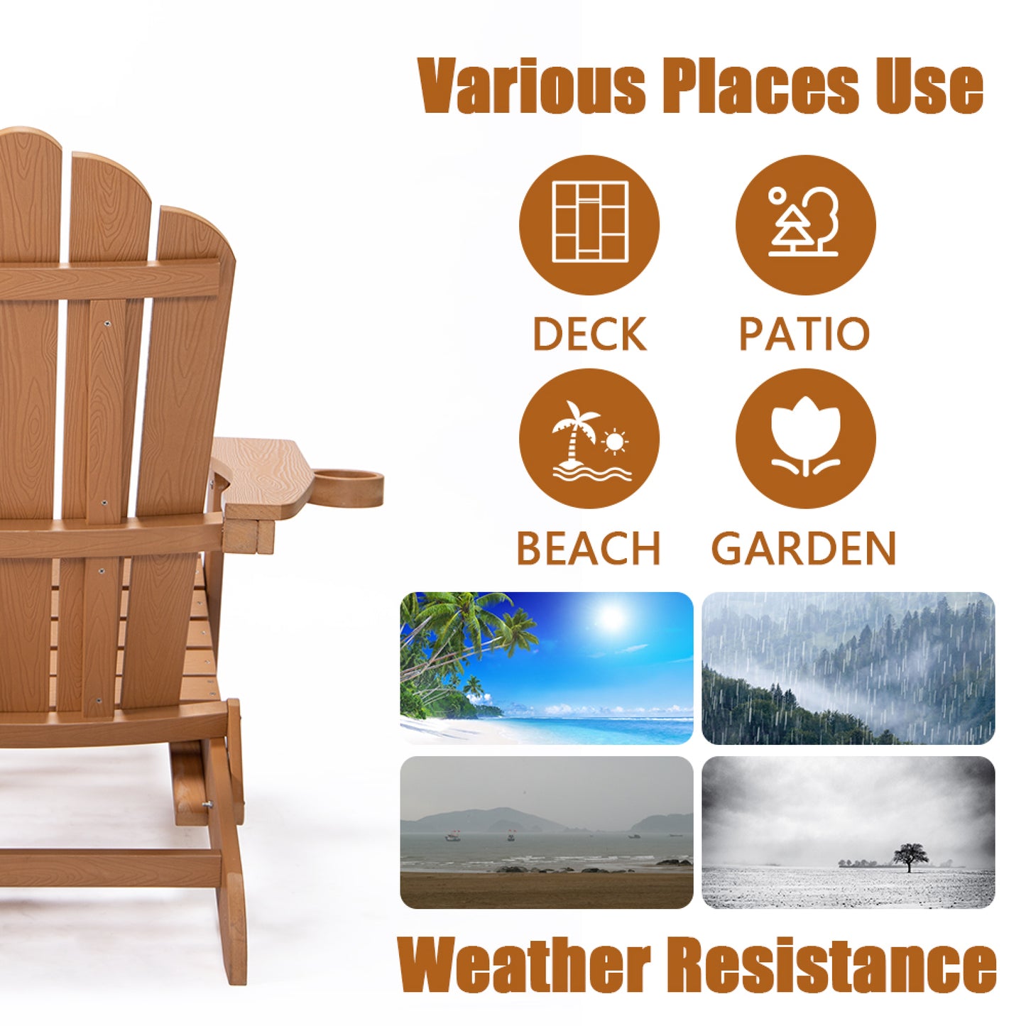 Oversized Folding Adirondack Chair with Pullout Ottoman & Cup Holder, Poly Lumber for Patio, Deck, Garden, Backyard - Easy to Install, Brown