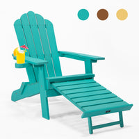 Oversized Folding Adirondack Chair with Pullout Ottoman & Cup Holder, Poly Lumber for Patio Deck Garden, Easy to Install, Green Color