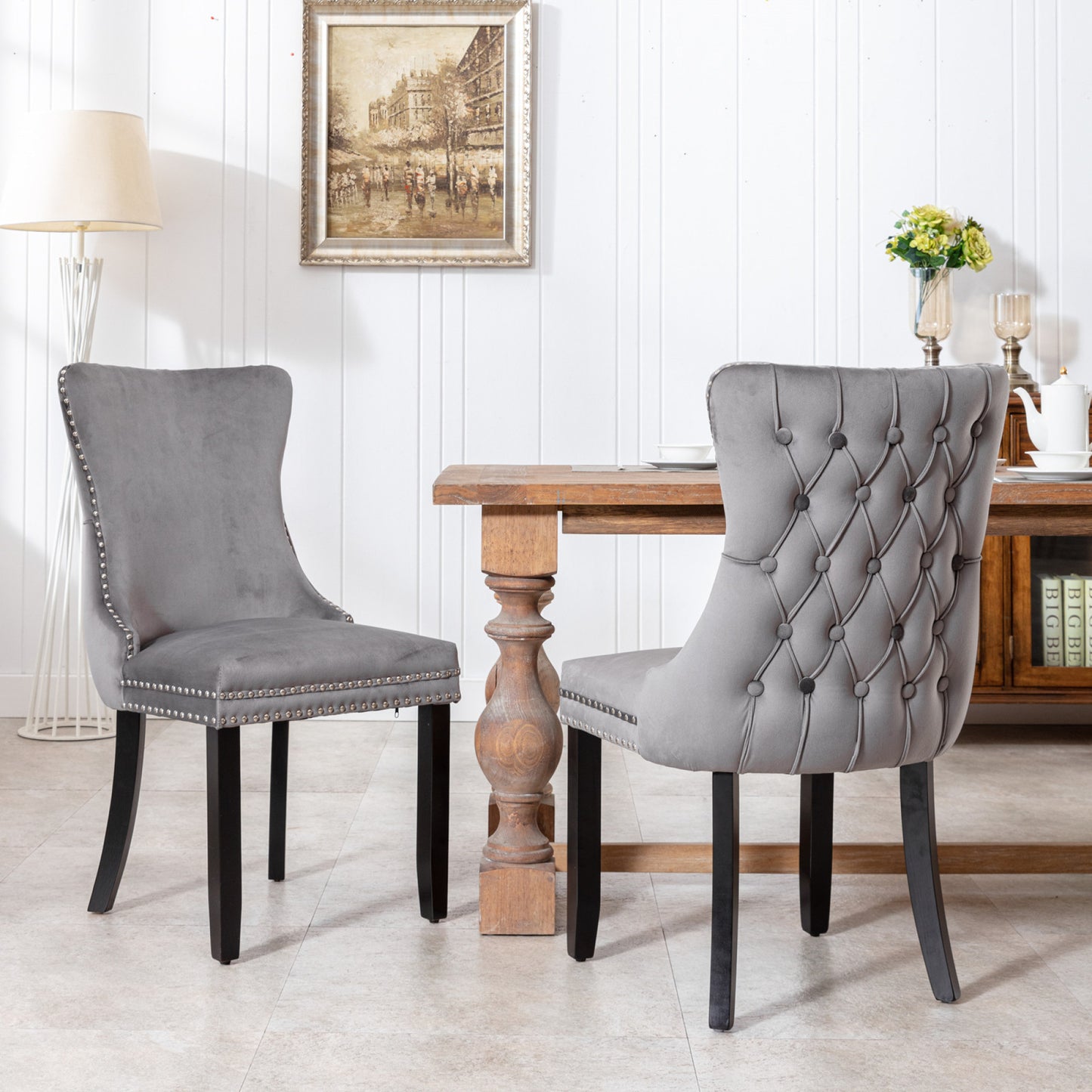 Set of 2 Gray Upholstered Wing-Back Dining Chairs with Nailhead Trim and Solid Wood Legs – Stylish and Comfortable Additions to Your Home