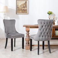 Set of 2 Gray Upholstered Wing-Back Dining Chairs with Nailhead Trim and Solid Wood Legs – Stylish and Comfortable Additions to Your Home