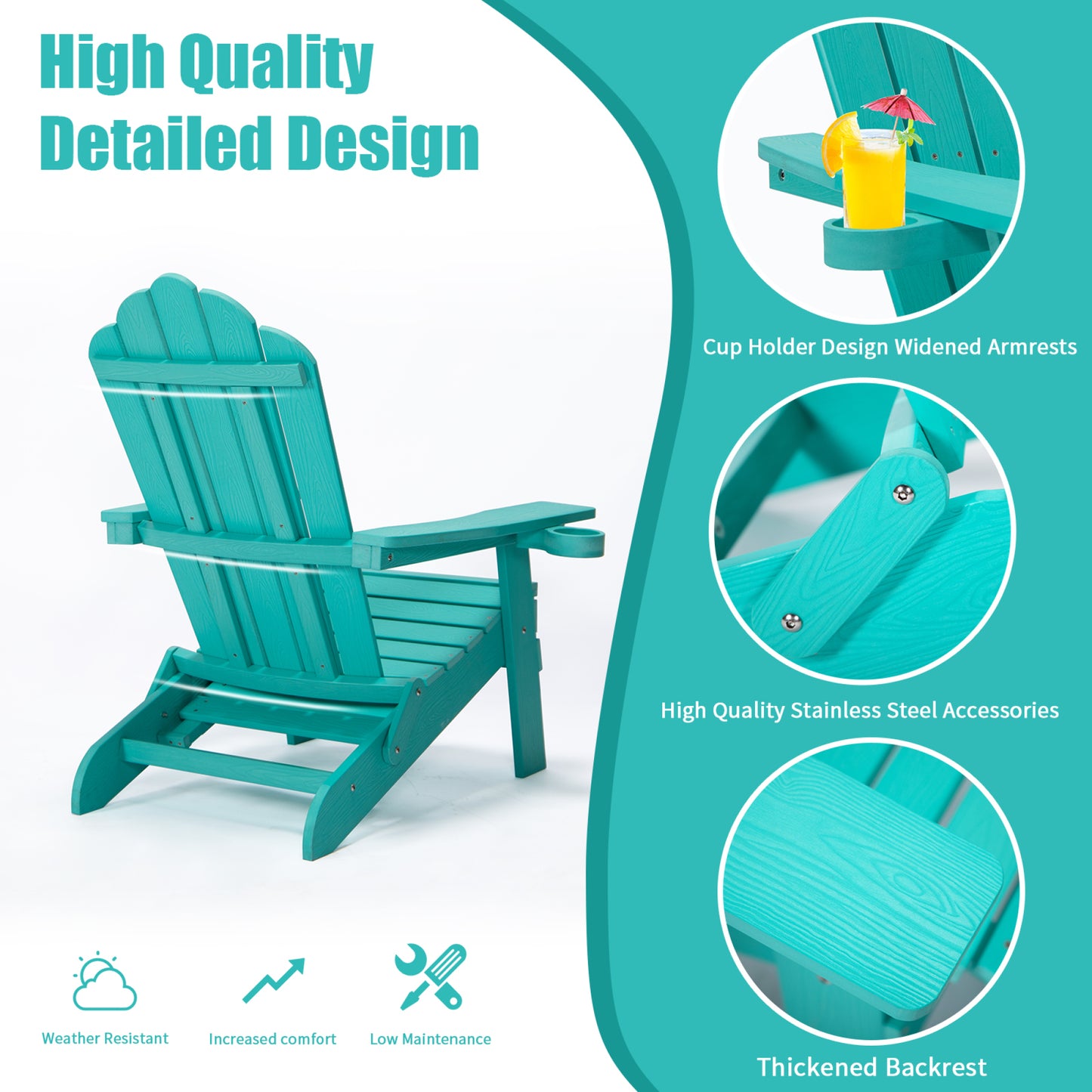 Oversized Folding Adirondack Chair with Pullout Ottoman & Cup Holder, Poly Lumber for Patio Deck Garden, Easy to Install, Green Color