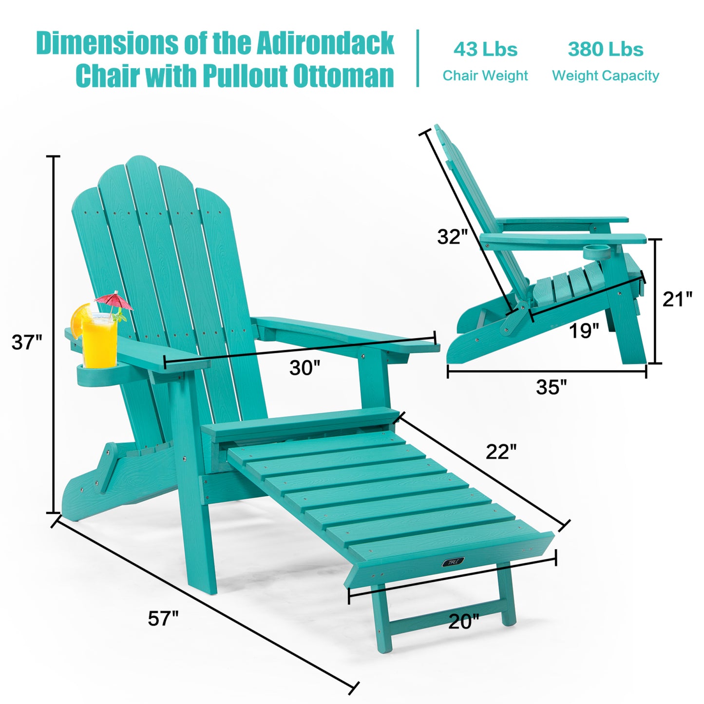 Oversized Folding Adirondack Chair with Pullout Ottoman & Cup Holder, Poly Lumber for Patio Deck Garden, Easy to Install, Green Color