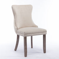 Upholstered Wing-Back Dining Chair Set of 2 with Nailhead Trim, Solid Wood Legs, Beige, Backstitching Detail, KD Design