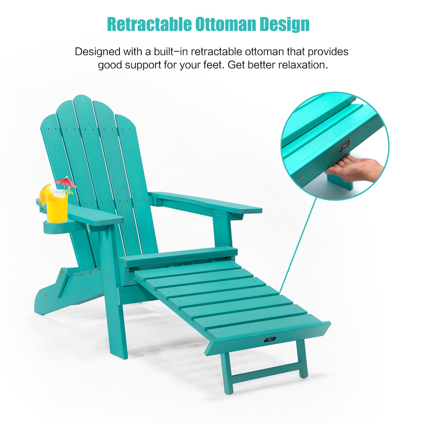 Oversized Folding Adirondack Chair with Pullout Ottoman & Cup Holder, Poly Lumber for Patio Deck Garden, Easy to Install, Green Color