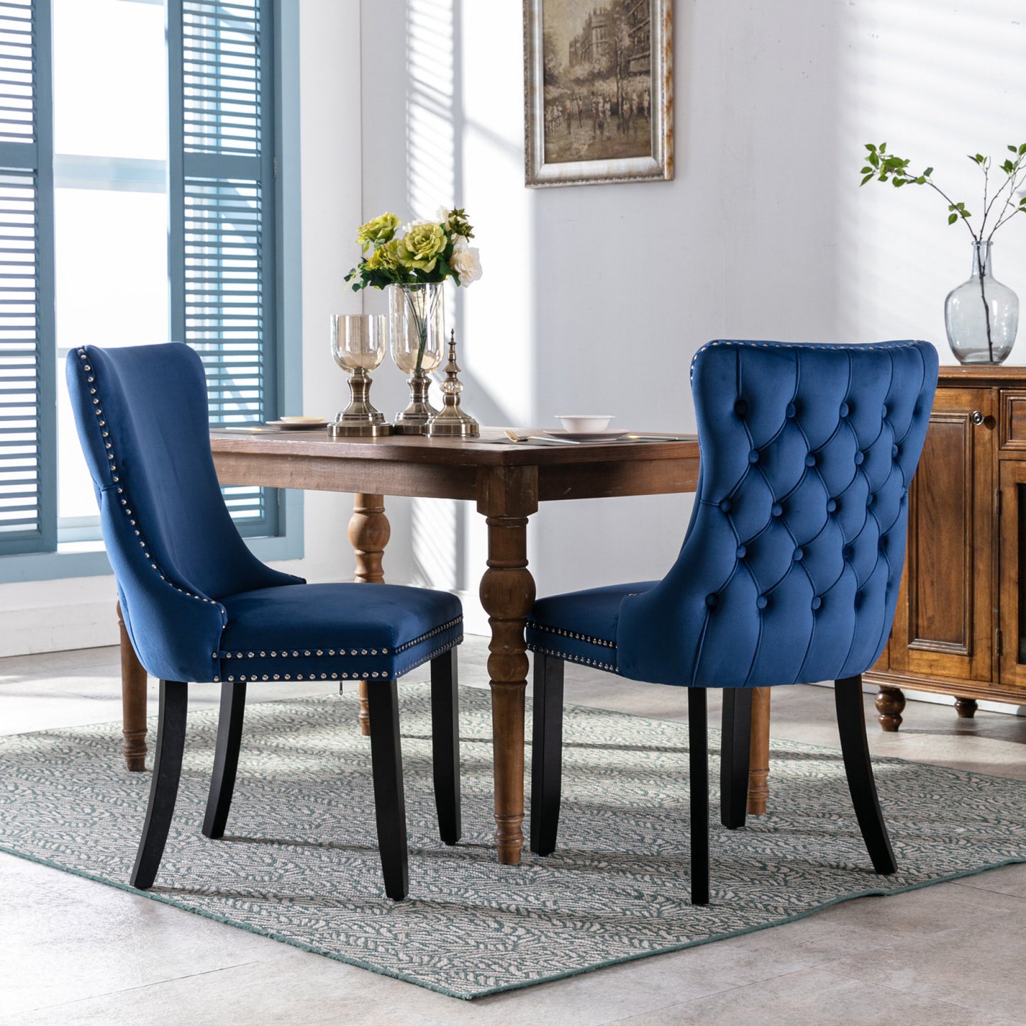 Upholstered Wingback Dining Chair Set of 2, Blue with Backstitching & Nailhead Trim, Solid Wood Legs, Stylish Home Furniture