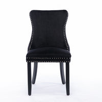 Upholstered Wing-Back Dining Chairs with Nailhead Trim, Set of 2, Solid Wood Legs, Black