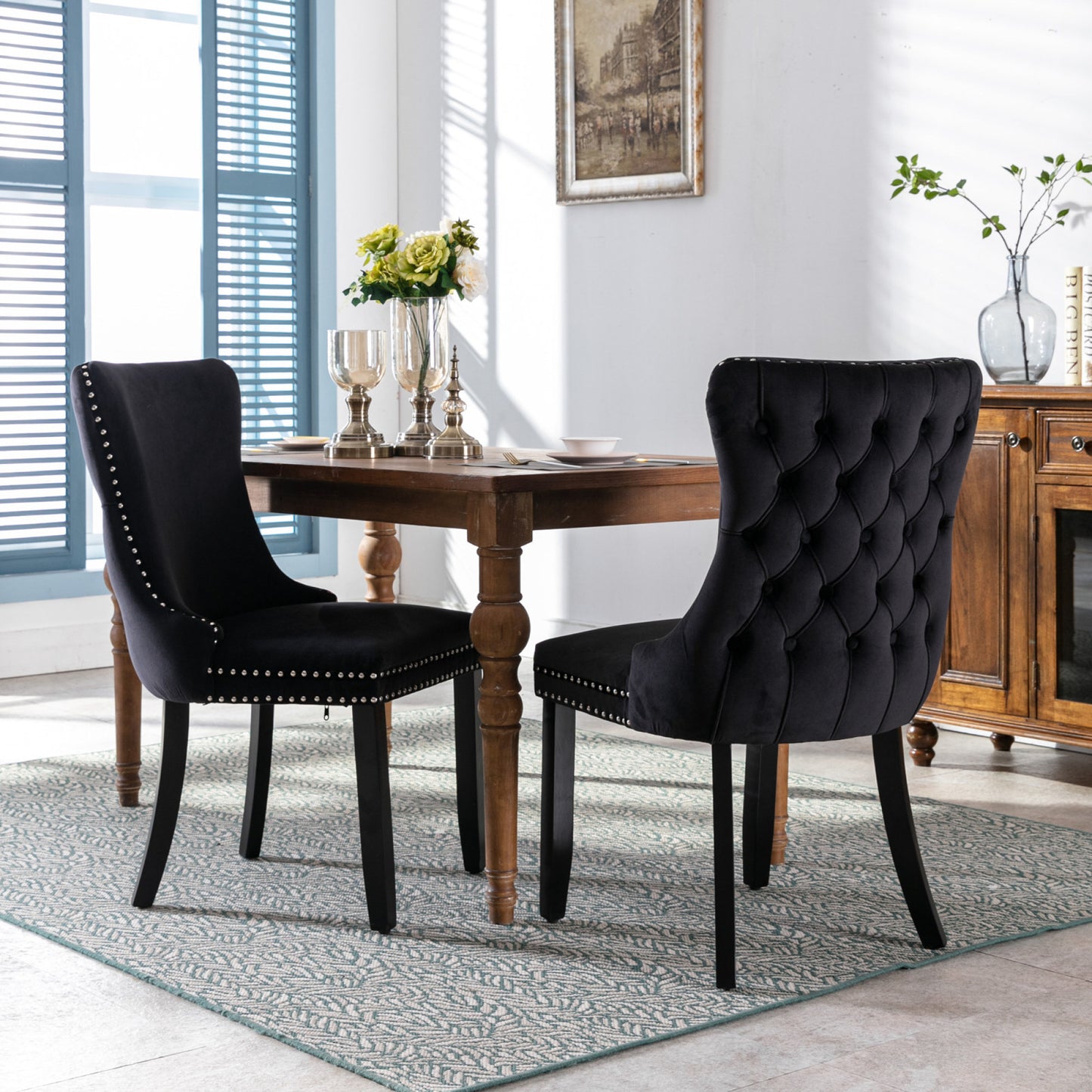 Upholstered Wing-Back Dining Chairs with Nailhead Trim, Set of 2, Solid Wood Legs, Black