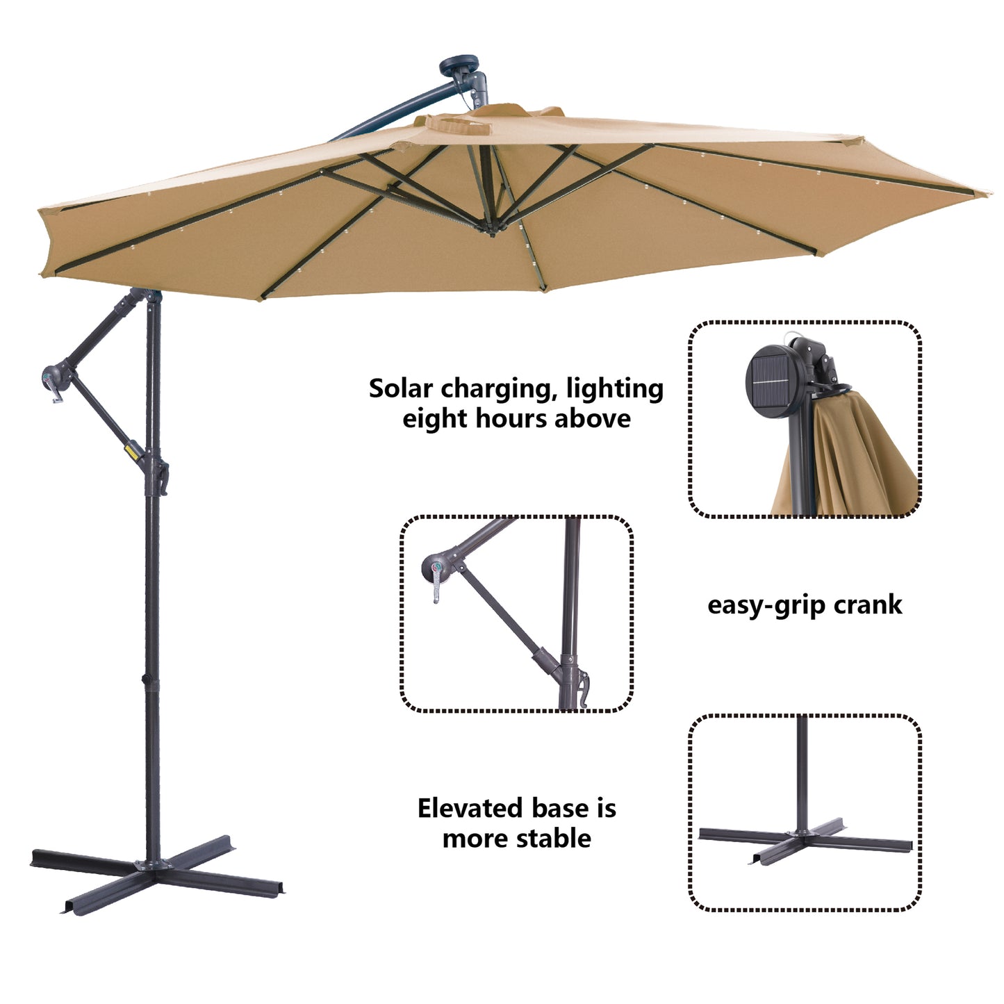 Solar LED Patio Outdoor Umbrella Hanging Cantilever Umbrella  Taupe