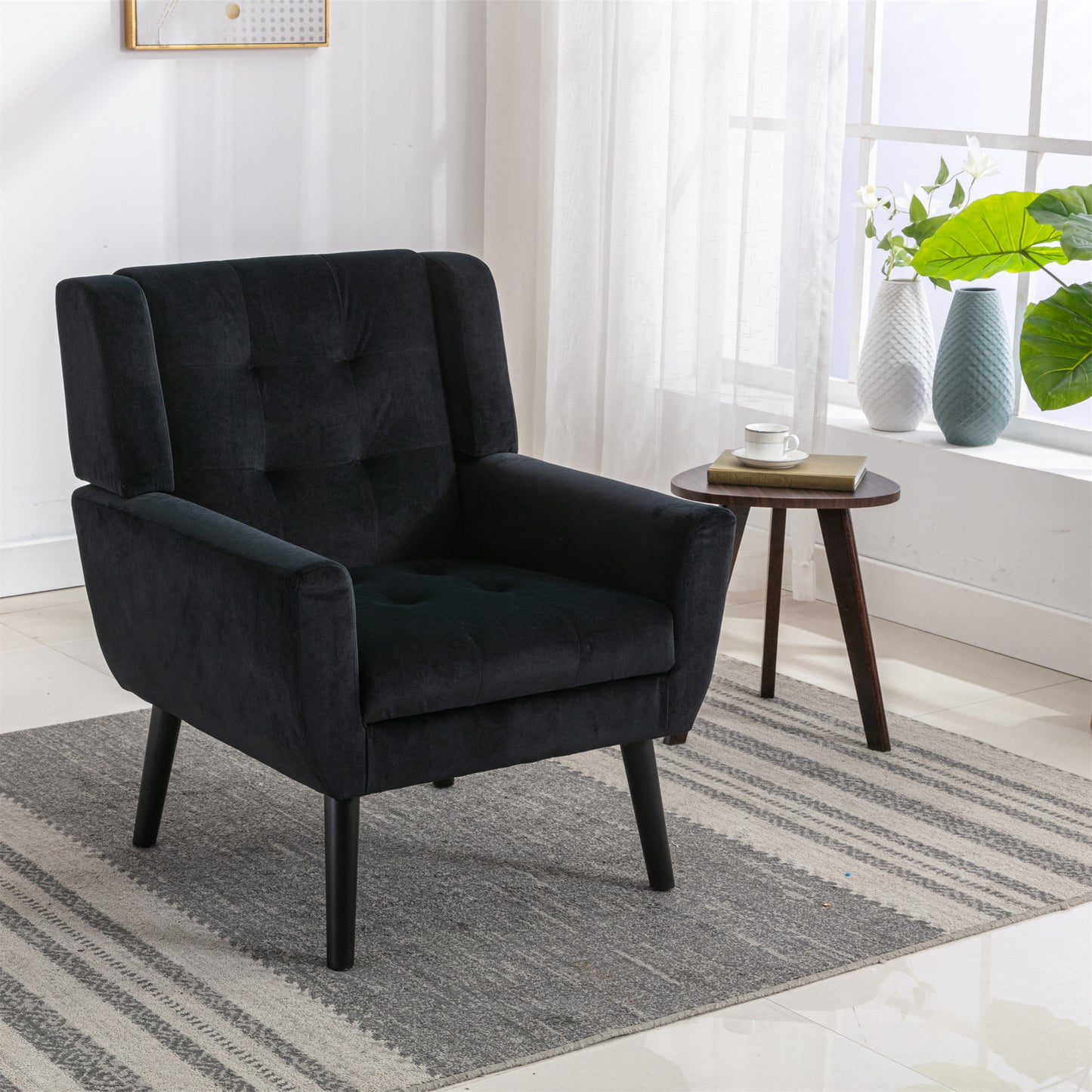 Modern Soft Velvet Ergonomic Accent Chair for Living Room or Bedroom - Stylish Indoor Seating with Black Legs