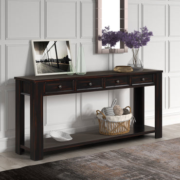 63 Pine Wood Console Table with 4 Drawers, Bottom Shelf, Easy Assembly, Entryway Hallway Sofa Table (Distressed Black)