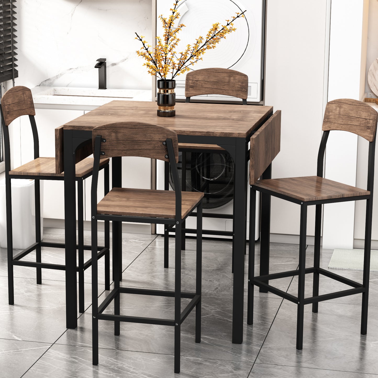 Farmhouse 5-Piece Counter Height Drop Leaf Dining Table Set with 4 Chairs, Black Frame & Brown Top, Perfect for Kitchen or Dining Room