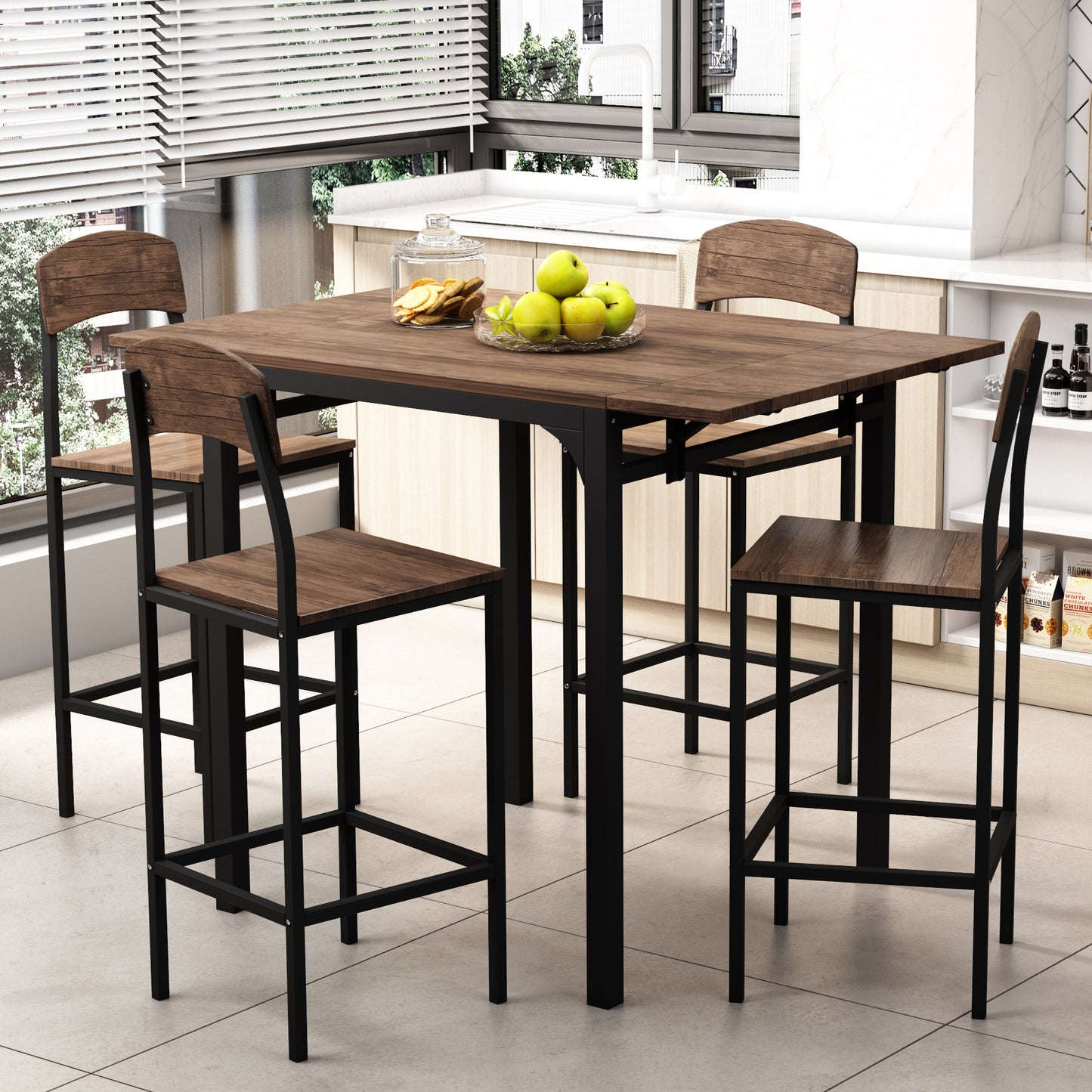 Farmhouse 5-Piece Counter Height Drop Leaf Dining Table Set with 4 Chairs, Black Frame & Brown Top, Perfect for Kitchen or Dining Room