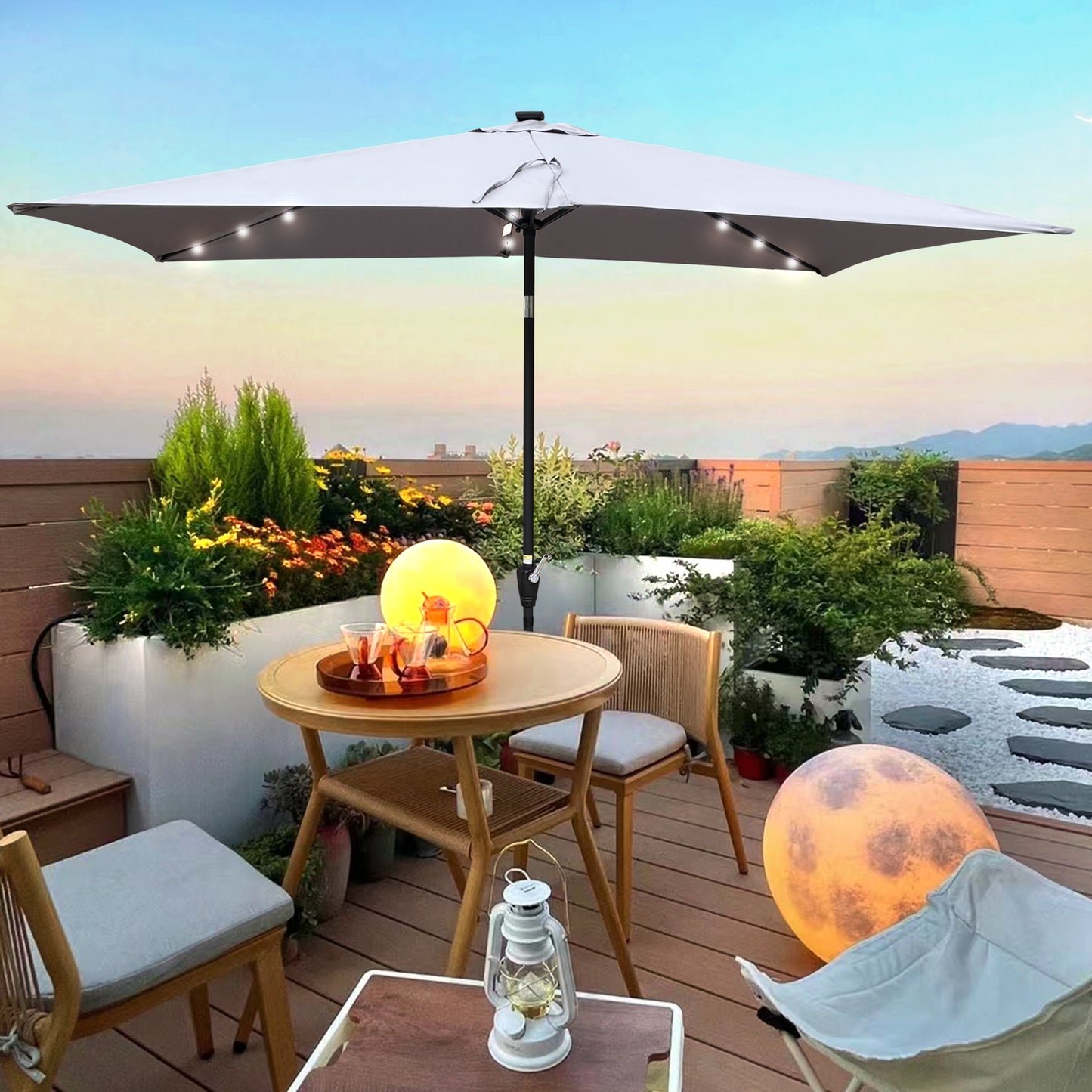 10x6.5ft Rectangular Solar LED Patio Umbrella with Crank & Tilt | Outdoor Garden Canopy for Backyard Pool, Terrace & Deck