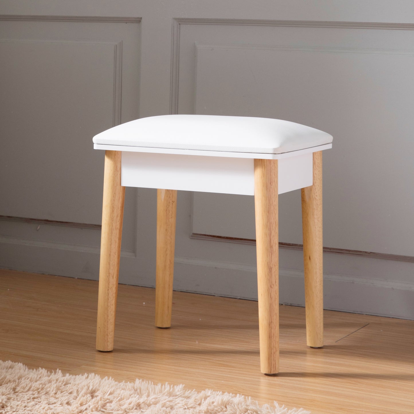 Wooden Vanity Stool Makeup Dressing Stool with Comfortable PU Seat, Elegant White Design for Bedroom or Bathroom