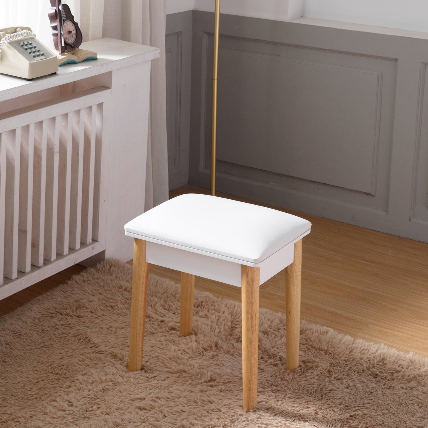 Wooden Vanity Stool Makeup Dressing Stool with Comfortable PU Seat, Elegant White Design for Bedroom or Bathroom