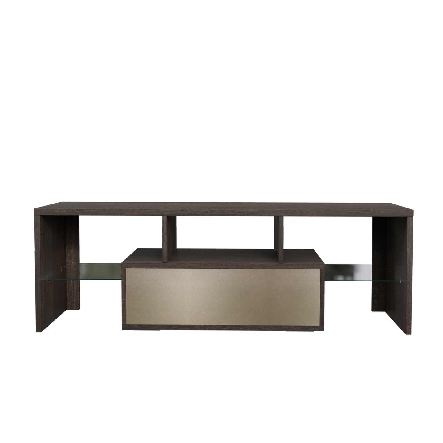 20-Minute Quick Assembly Brown Modern TV Stand with Toughened Glass Shelf & LED Color Changing Lights - Stylish Floor Cabinet