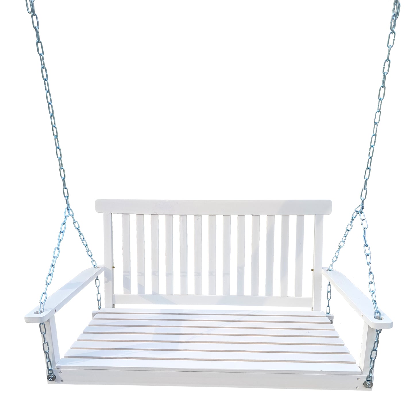 Wood Porch Swing with Armrests & Hanging Chains - Comfortable Outdoor Bench for Patio, Garden, Yard, or Sunroom, White Finish