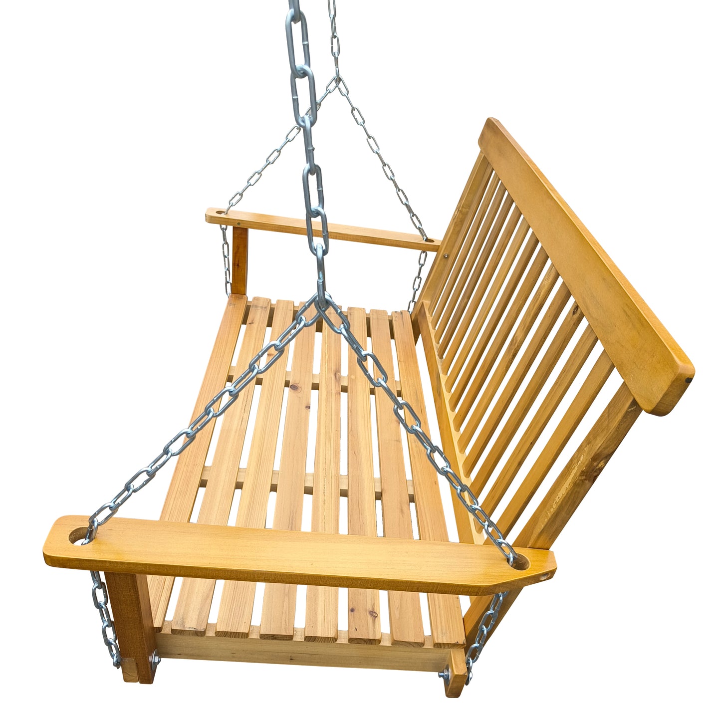 Wood Porch Swing with Armrests & Hanging Chains - Comfortable Outdoor Bench for Patio, Garden, Backyard, or Sunroom