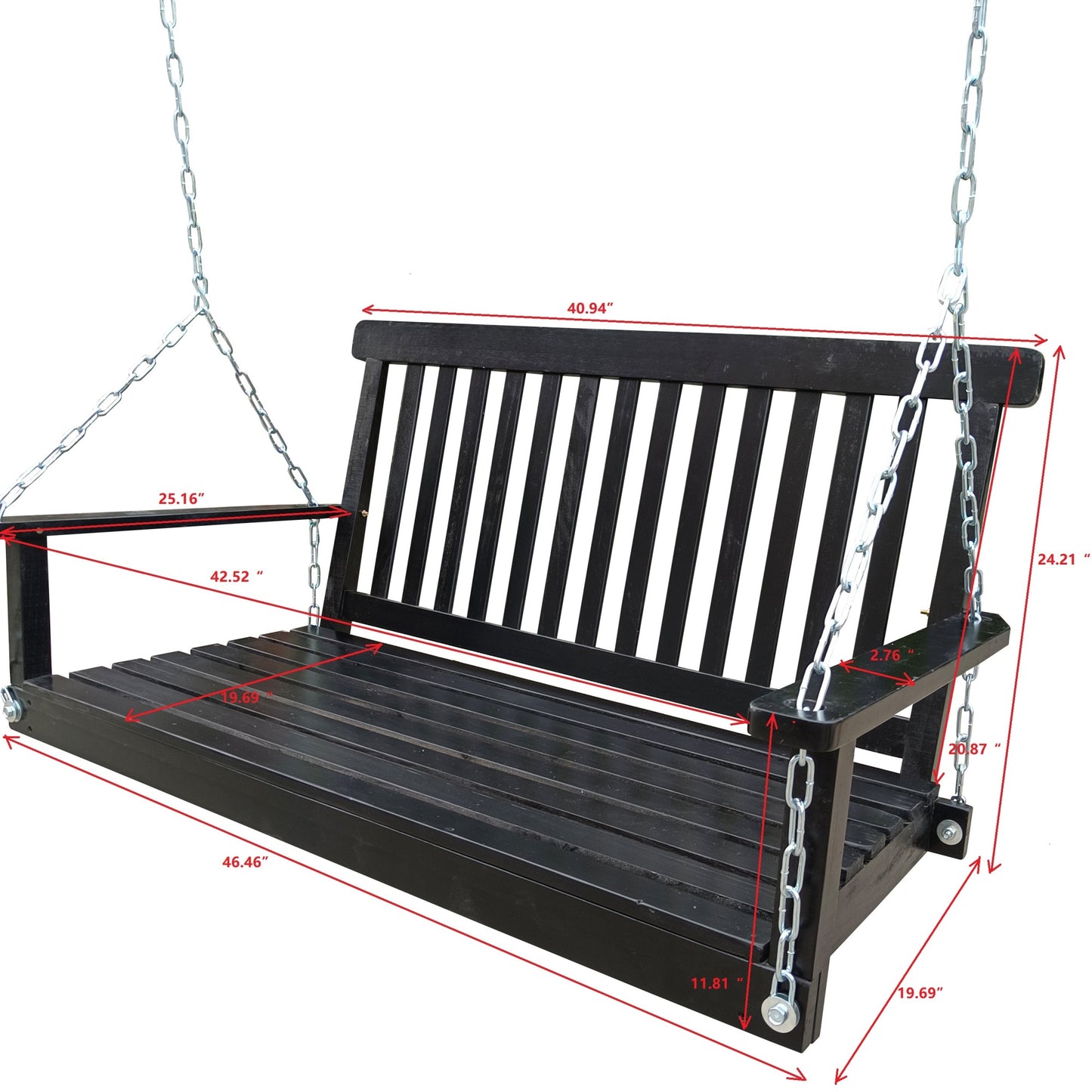 Wood Front Porch Swing with Armrests and Hanging Chains - Outdoor Bench for Patio, Garden, Backyard, Sunroom - Easy to Assemble - Black