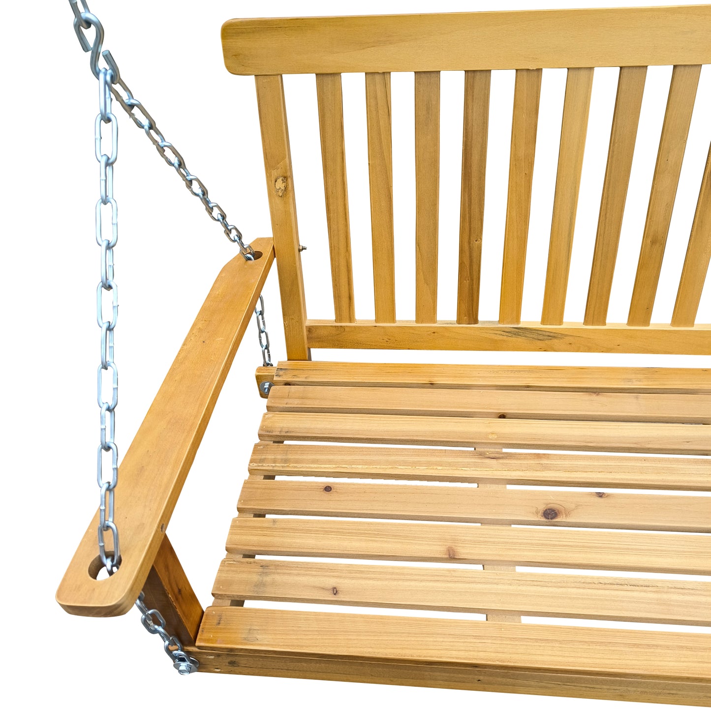 Wood Porch Swing with Armrests & Hanging Chains - Comfortable Outdoor Bench for Patio, Garden, Backyard, or Sunroom