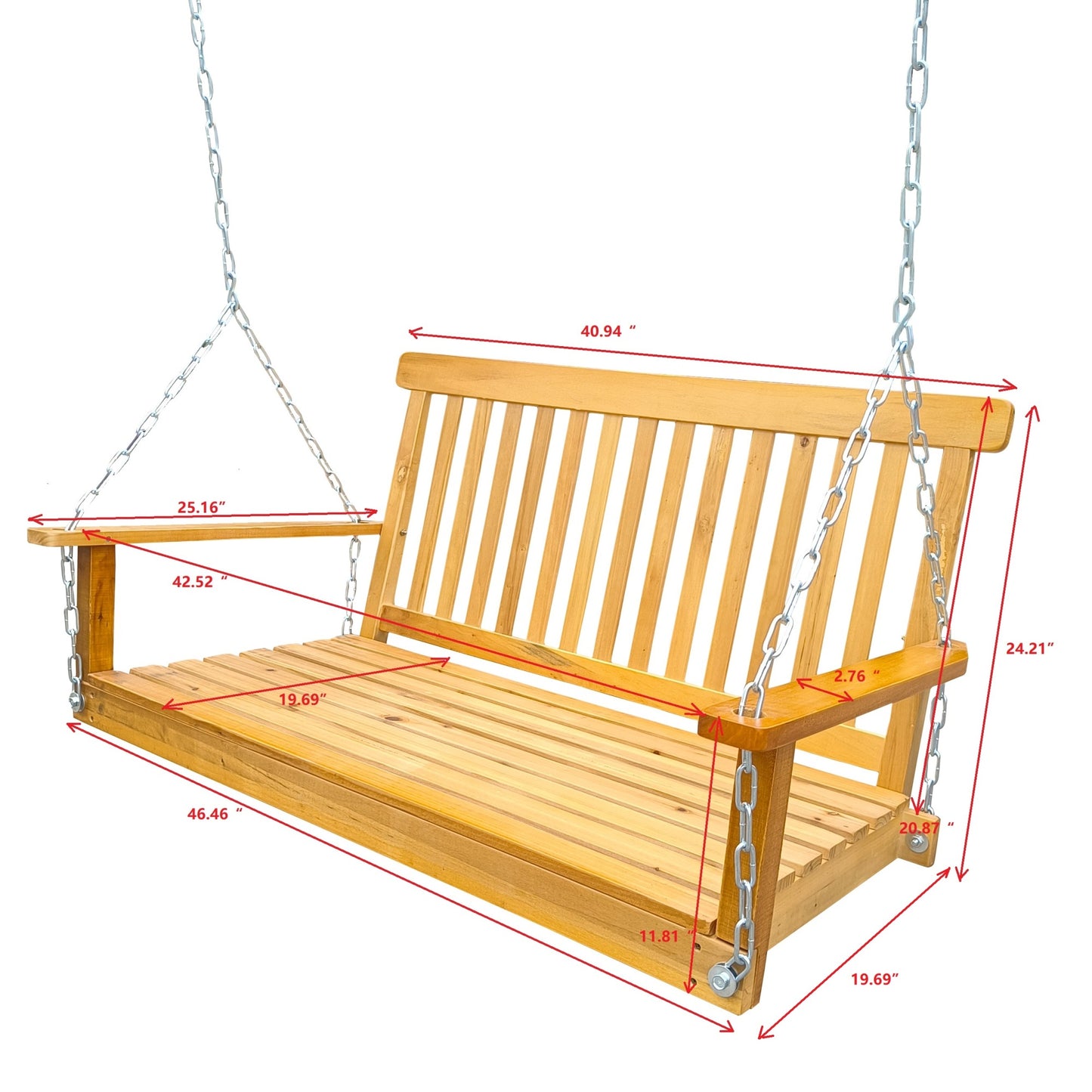 Wood Porch Swing with Armrests & Hanging Chains - Comfortable Outdoor Bench for Patio, Garden, Backyard, or Sunroom