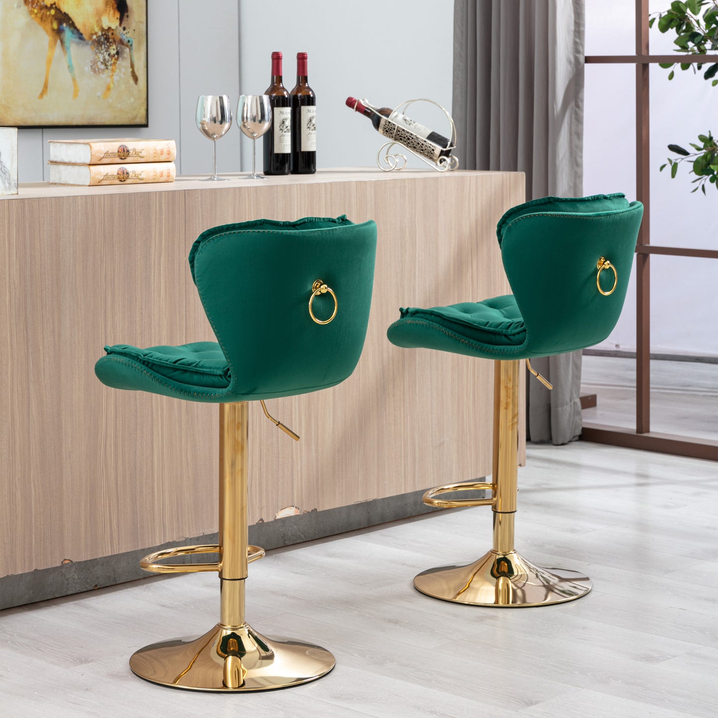 Set Of 2 Velvet Bar Stools - Adjustable Height Swivel Counter Stools With Chrome Footrest & Golden Base