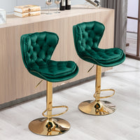 Set Of 2 Velvet Bar Stools - Adjustable Height Swivel Counter Stools With Chrome Footrest & Golden Base