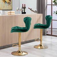 Set Of 2 Velvet Bar Stools - Adjustable Height Swivel Counter Stools With Chrome Footrest & Golden Base