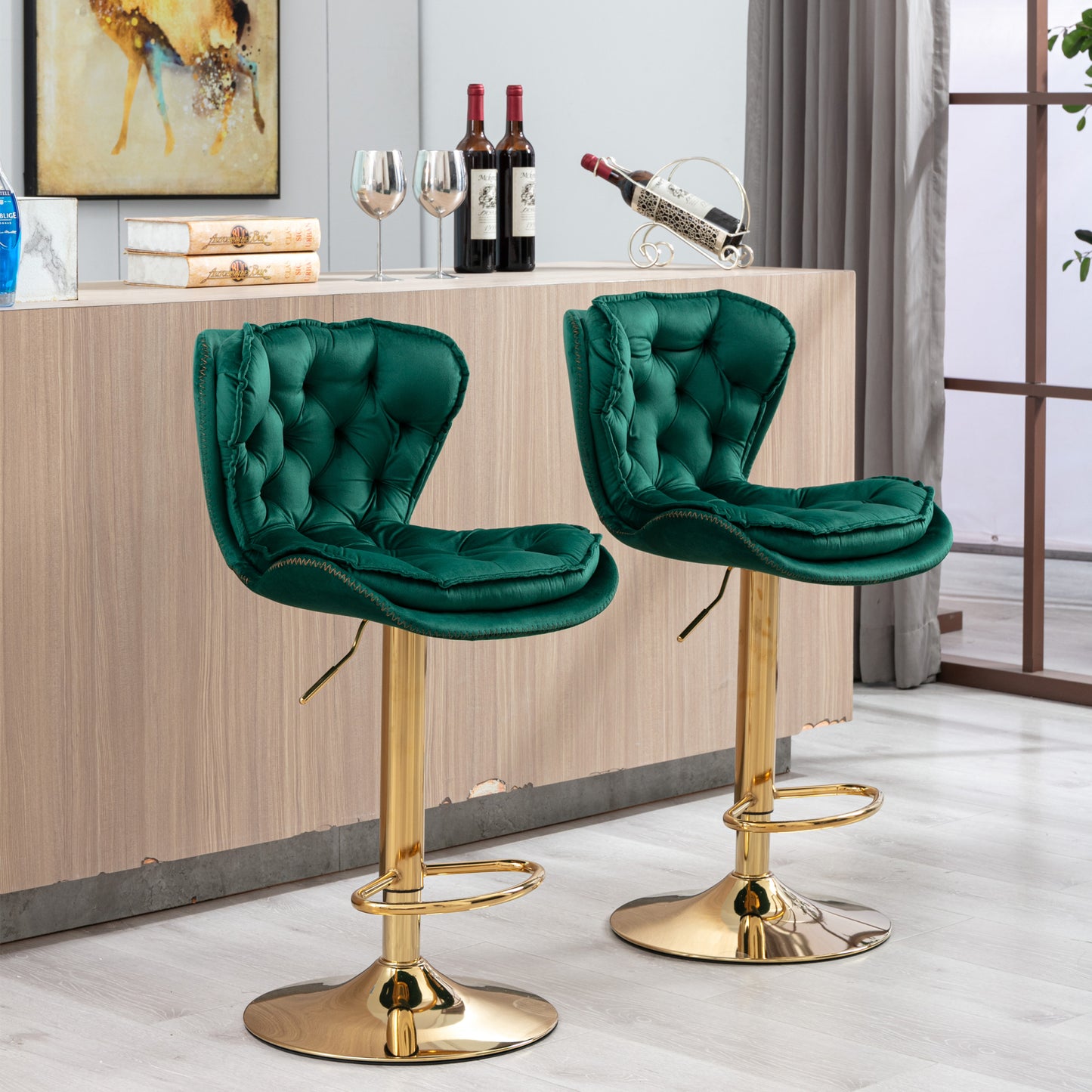 Set Of 2 Velvet Bar Stools - Adjustable Height Swivel Counter Stools With Chrome Footrest & Golden Base