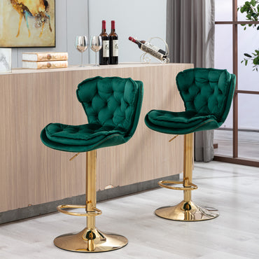 Set Of 2 Velvet Bar Stools - Adjustable Height Swivel Counter Stools With Chrome Footrest & Golden Base