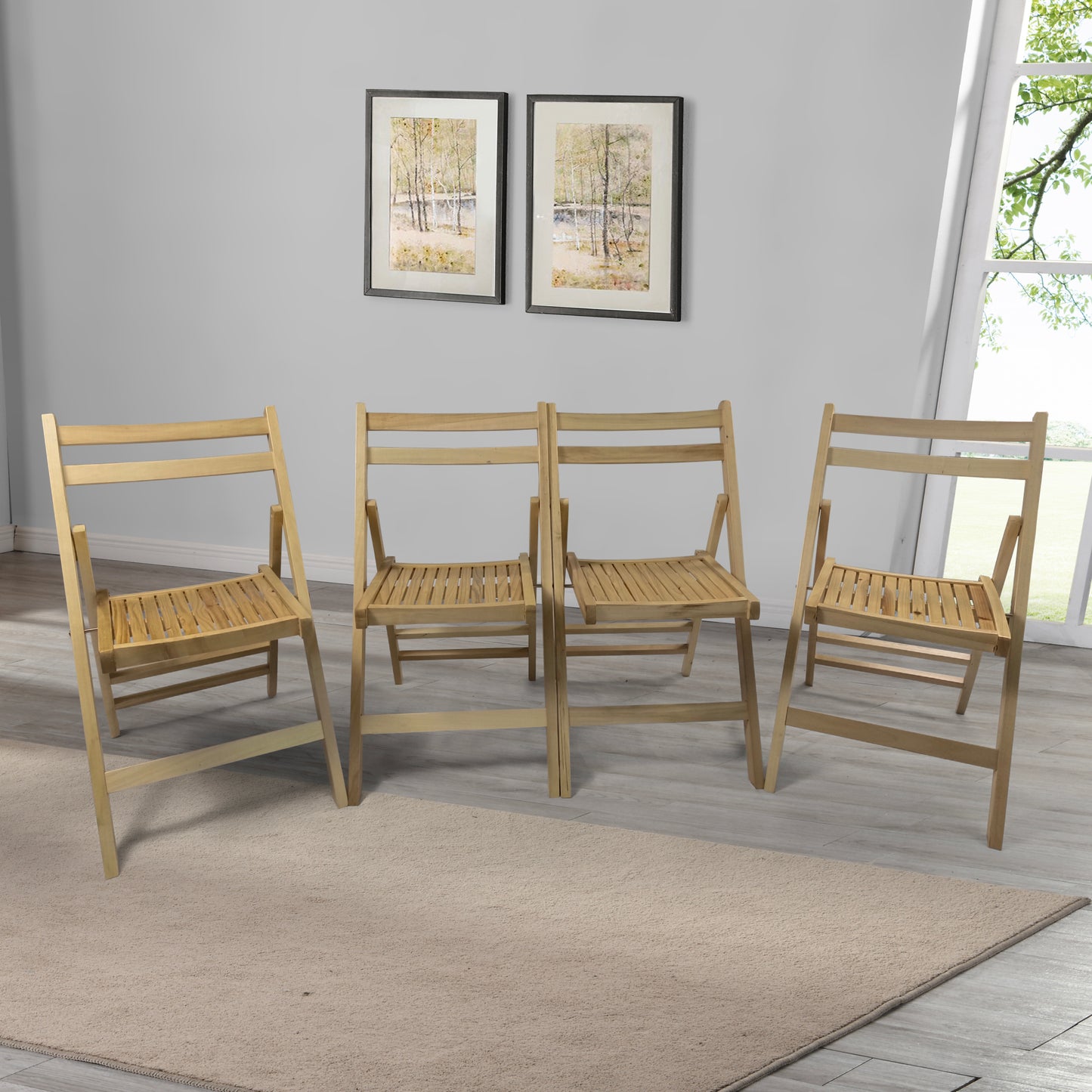 Pack Of 4, Slatted Solid Wood Folding Chair Set