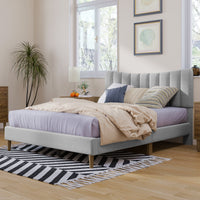 Upholstered Platform Bed Frame with Vertical Channel Tufted Headboard, No Box Spring Needed, Full Size, Cream Color