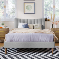 Upholstered Platform Bed Frame with Vertical Channel Tufted Headboard, No Box Spring Needed, Full Size, Cream Color