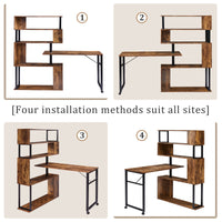 L-Shaped Home Office Computer Desk with Rotating Table & 5-Tier Bookshelf, Adjustable Installation, Lockable Casters