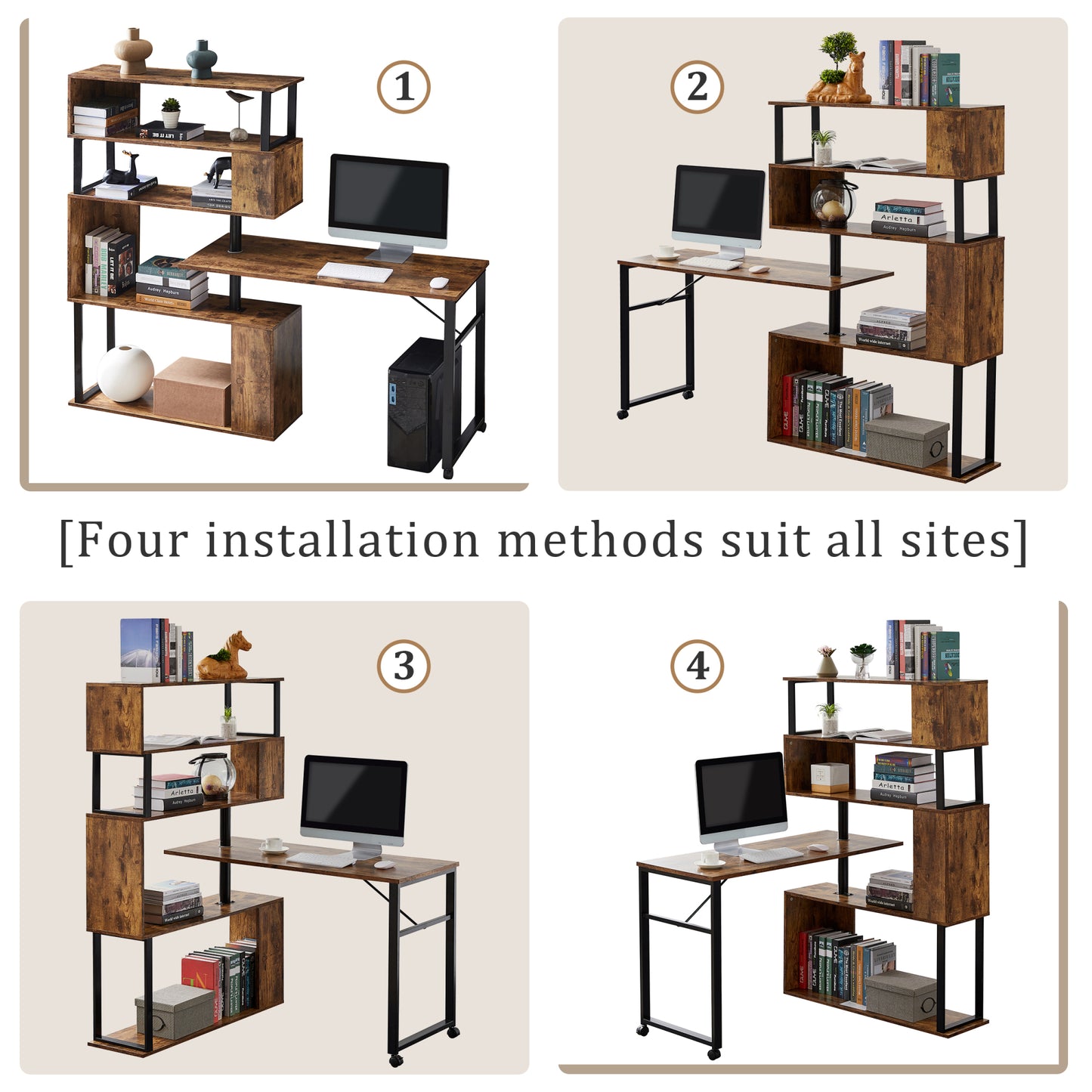 L-Shaped Home Office Computer Desk with Rotating Table & 5-Tier Bookshelf, Adjustable Installation, Lockable Casters