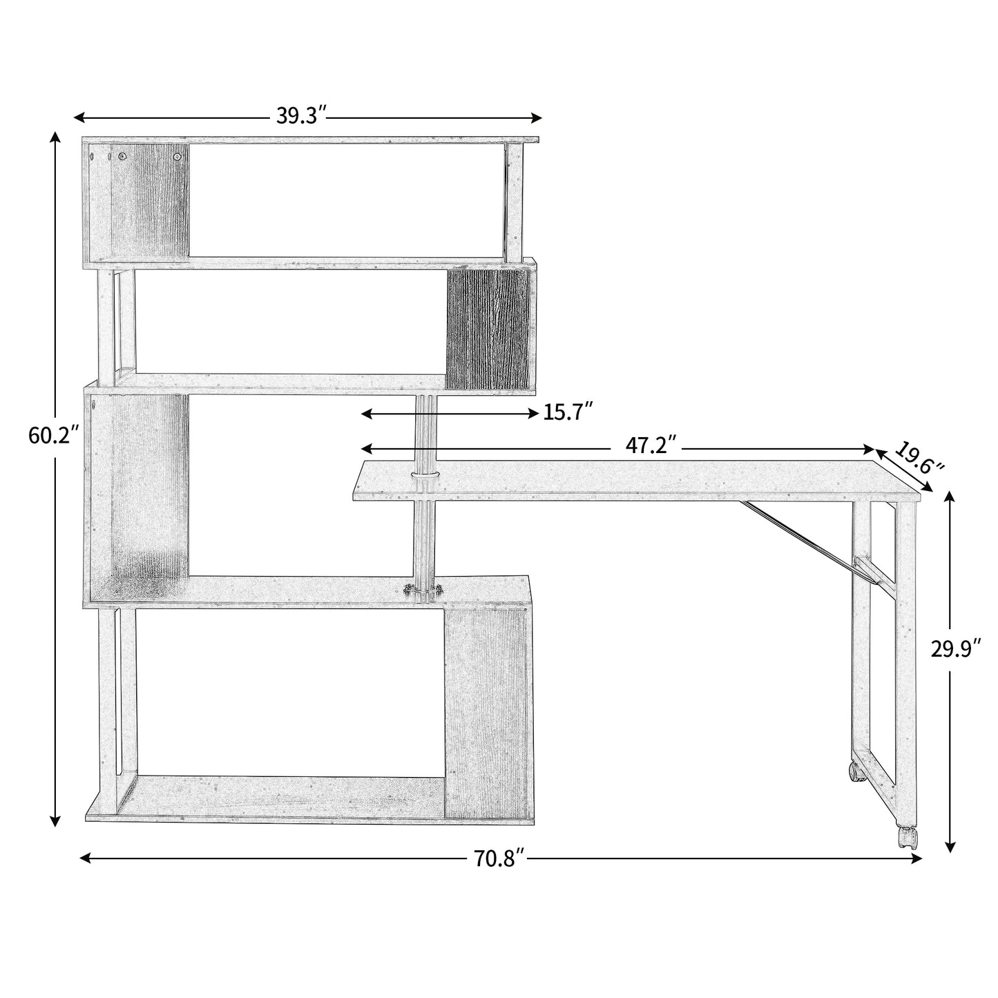 L-Shaped Home Office Computer Desk with Rotating Table & 5-Tier Bookshelf, Adjustable Installation, Lockable Casters