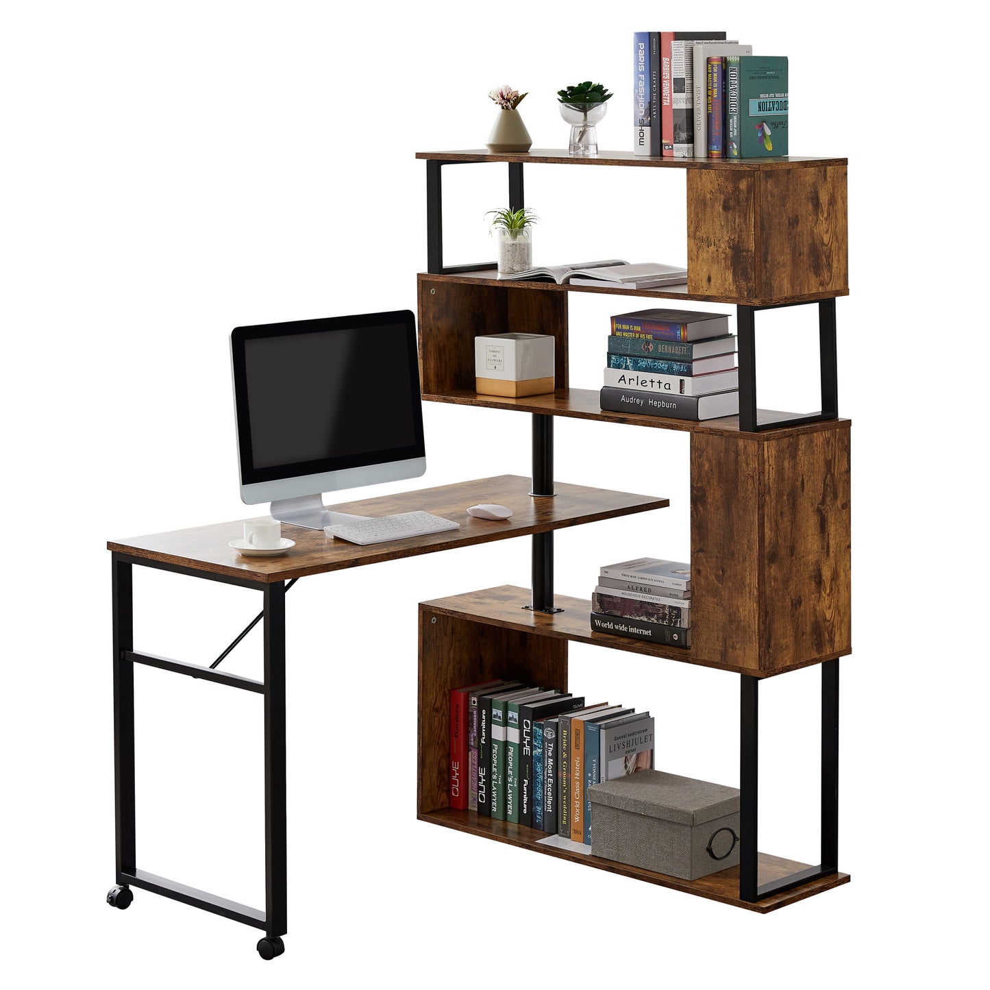 L-Shaped Home Office Computer Desk with Rotating Table & 5-Tier Bookshelf, Adjustable Installation, Lockable Casters