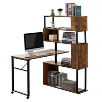 L-Shaped Home Office Computer Desk with Rotating Table & 5-Tier Bookshelf, Adjustable Installation, Lockable Casters