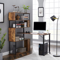 L-Shaped Home Office Computer Desk with Rotating Table & 5-Tier Bookshelf, Adjustable Installation, Lockable Casters