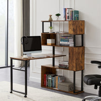 L-Shaped Home Office Computer Desk with Rotating Table & 5-Tier Bookshelf, Adjustable Installation, Lockable Casters