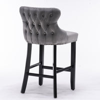 Contemporary Velvet Wing-Back Barstools with Button Tufted Design, Wood Legs & Chrome Nailhead Trim, Set of 2, Gray