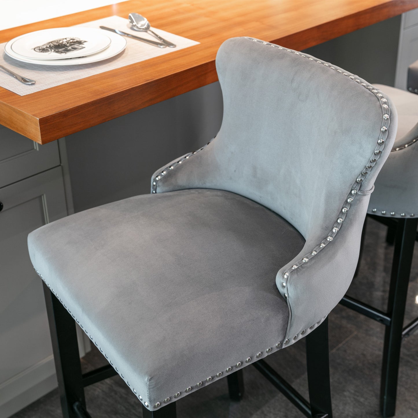 Contemporary Velvet Wing-Back Barstools with Button Tufted Design, Wood Legs & Chrome Nailhead Trim, Set of 2, Gray