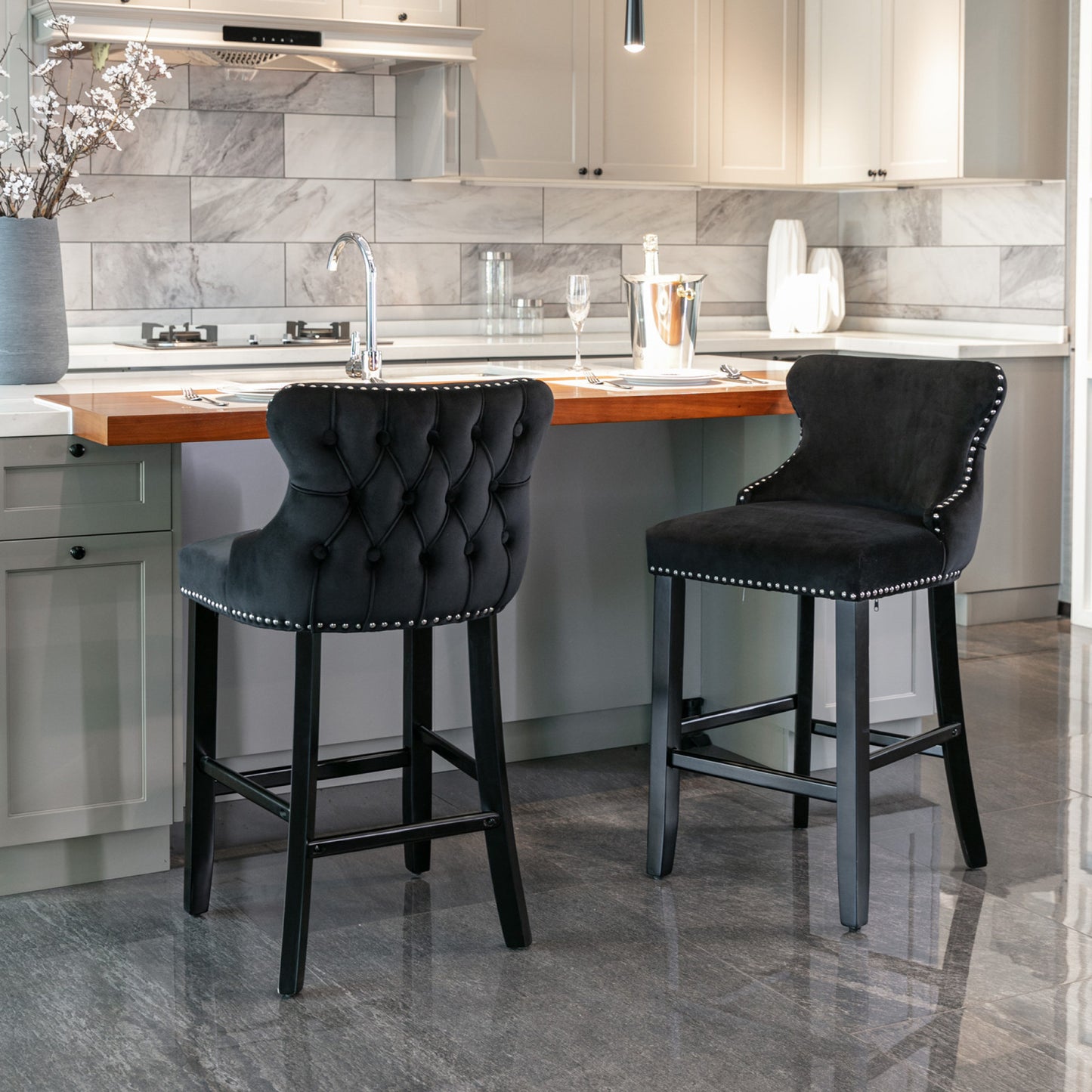 Contemporary Velvet Wingback Barstools Set of 2 - Button Tufted, Wooden Legs, Chrome Nailhead Trim, Leisure Style, Black